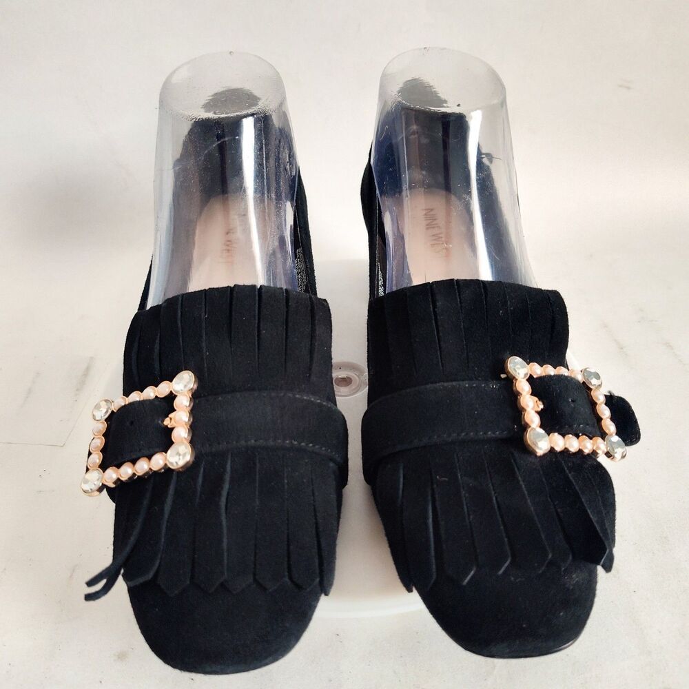 Nine West Pumps Size 8 Black Suede Leather Low Block Heels Office Kilty Pilgram - Picture 5 of 12